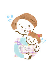 抱っこしている赤ちゃんが泣いて自分も困って泣いている母親の手描きイラスト