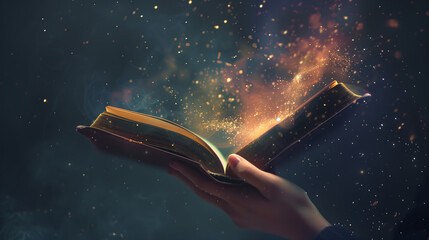 A person is holding an open book with a glowing light coming from it. The book appears to be a Bible, and the light is coming from the pages. The scene has a mystical and spiritual feel to it