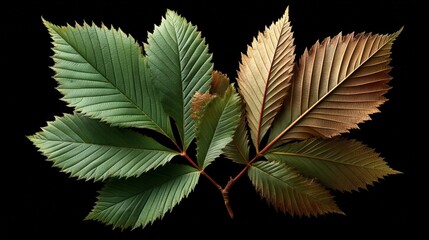 Vibrant Green and Brown Leaves Displaying Autumn Change in Detail