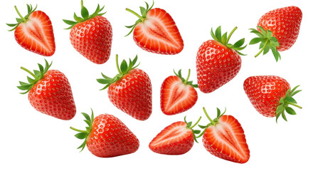 A burst of ripe strawberries halved and whole against a stark black canvas