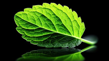 Vibrant Green Leaf with Detailed Texture on Dark Background