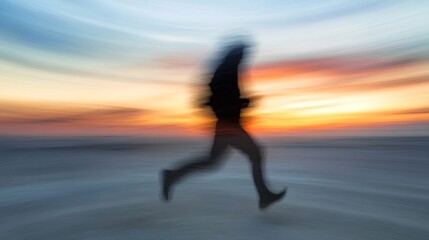 Runner silhouette sunset beach motion blur, active lifestyle
