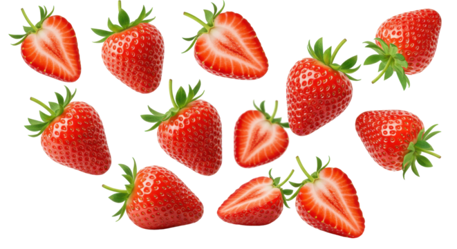 A burst of ripe strawberries halved and whole against a stark black canvas