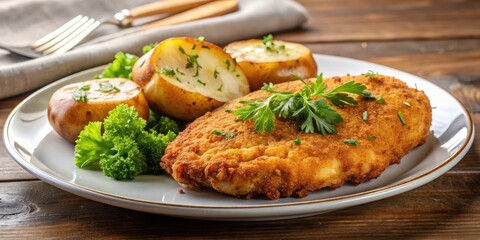 Crispy breaded chicken cutlet on a plate with a side of warm baked potato , crispy, food