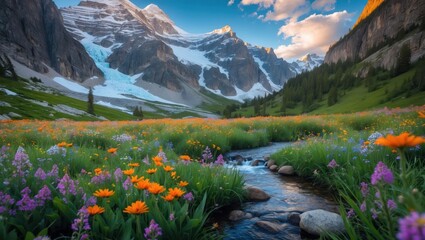 Scenic Mountain Meadow with Wildflowers and Stream Flowing by Glacier