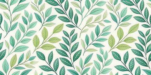 Serene Green Leaf Pattern A calming watercolor style illustration featuring delicate branches and leaves in tranquil shades of green on a soft cream