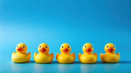 A Row of Cheerful Yellow Rubber Ducks on a Vivid Blue Background