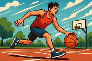 Naklejka premium Dynamic Illustration of a Young Basketball Player in Action