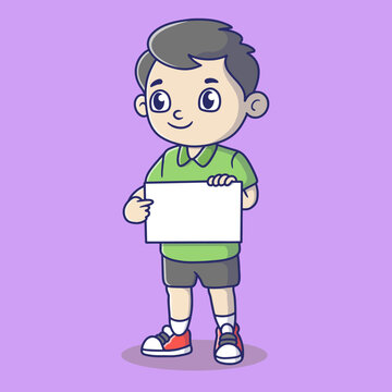 Cute Cartoon Boy Holding Blank White Board