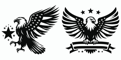 Bald eagle with American flag print on wings presenting a minimal star banner. 4th of july Independence Day patriotic Clipart. .