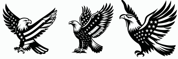 Obraz premium Bald eagle with American flag print on wings pointing upward to the sky. 4th of july Independence Day patriotic Clipart. .
