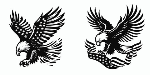 Bald eagle with American flag print on wings diving for a patriotic ribbon. 4th of july Independence Day Clipart. emblem soaring bird usa banner image airfoil hunting red white blue band.