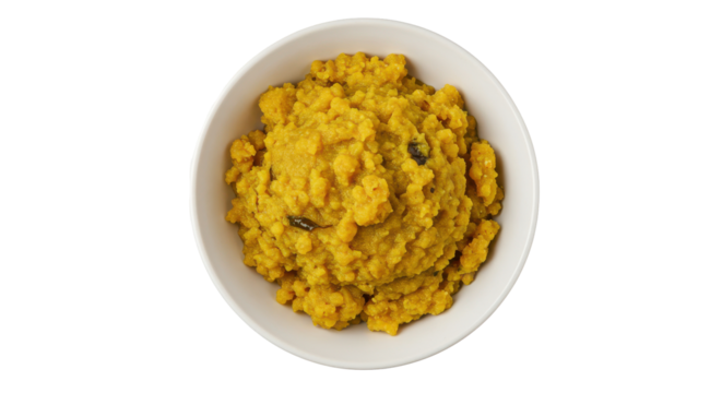 A topdown shot of a bowl of yellow dal a South Asian lentil dish on a black background