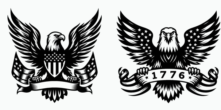 Bald eagle with American flag print on wings clutching a stylized 1776 banner. 4th of july Independence Day patriotic Clipart. avian stars and stripe design gripping liberty symbol emblem.