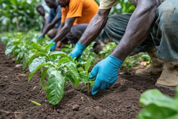 Naklejka premium Farmers tending young plants in rows