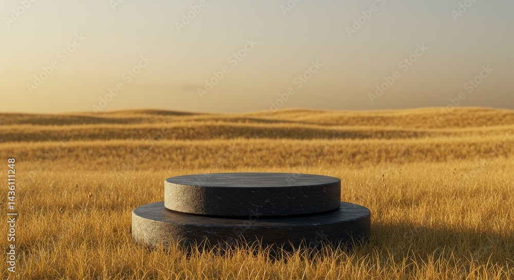 Poster stone platform in golden field - two-tiered stone platform sits in a field of golden grass under a s