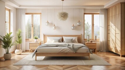 Serene Bedroom Sanctuary Light-filled room with wooden furniture, plush bedding, and natural decor accents creating a calming and tranquil atmosphere.