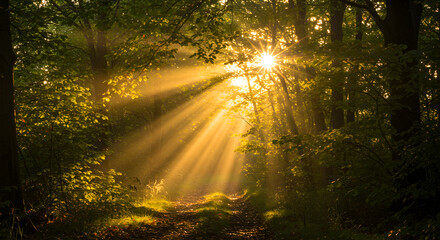 Golden Hour Illuminating Woodland Path With Mystical Light Rays
