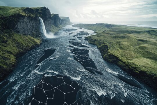 A powerful waterfall cascades down a cliff into a river, which flows through a rugged, green landscape, overlaid with a network visualization.