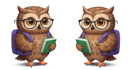 Obraz premium Two Owls with Backpacks and Books - Adorable illustration of two wise owls wearing glasses, carrying backpacks, and holding books. Perfect for education, learning, and knowledge themes.