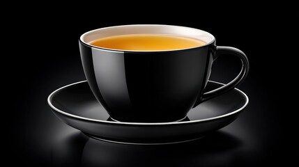 Warm Black Tea in Elegant Black Cup on Simple Saucer