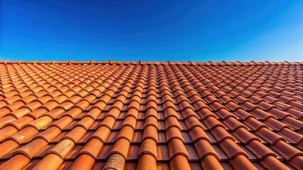 Weathered red tile roof under midday sunlight on blue sky background , sunlit, natural light