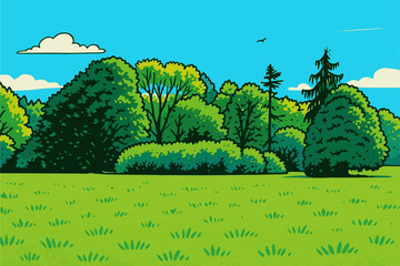 Colorful vector illustration of a spring landscsape in comic style