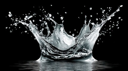 Water Splash with Radiant Droplets on Dark Background Surface