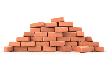 Obraz premium A pile of reddish-brown bricks, some broken, unevenly stacked against a white background