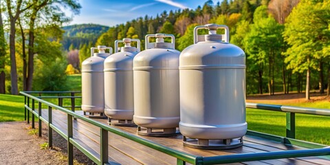 Obraz premium Three large propane tanks lined up in a row on a metal railing at a campground