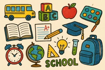 Colorful School Supplies and Learning Elements in Fun Illustration