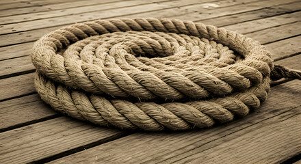 Obraz premium Coiled Jute Rope On Weathered Wooden Planks Nautical Theme Element