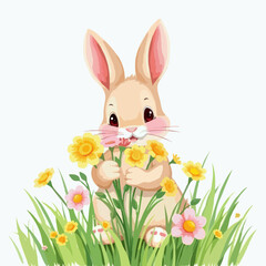 cute easter bunny with flowers on white