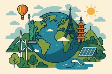 Global Illustration of Landmarks and Nature in a Simple Style