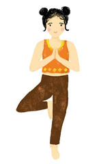 Cute woman female girl doing tree pose yoga doodle crayon watercolour hand drawn illustration in bright pastel neon orange shirt colorful colors clipart sticker wellness meditation healthy lifestyle