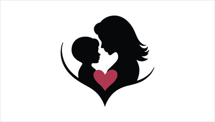 Mother And Child Love Silhouette Inside Heart With Leaves Vector Design