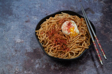 Kimchi Korean noodles and egg, copy space