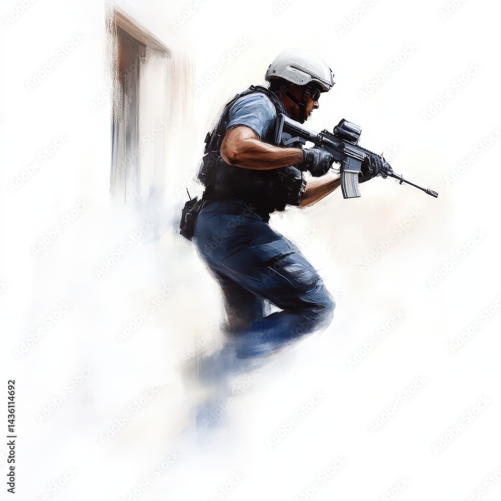 Poster tactical soldier in active movement entering building in action pose with weapon drawn high energy c