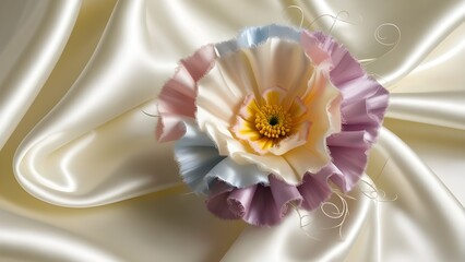 A delicate, creamy white silk fabric serves as the backdrop for a vibrant, colorful flower, its petals gently curved and ruffled