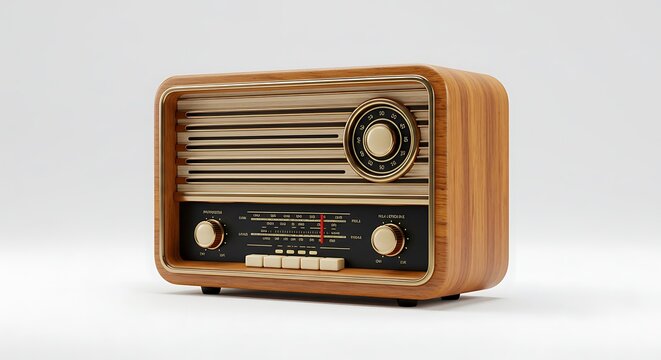 Vintage Wooden Radio Receiver on White Background