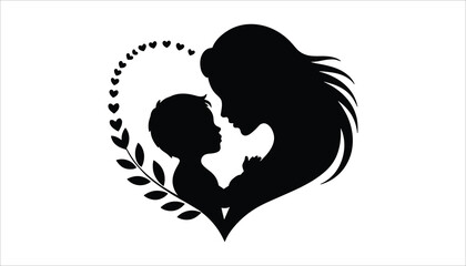 Mother And Child Love Silhouette Inside Heart With Leaves Vector Design