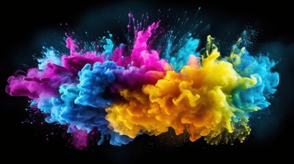 Vibrant explosion of colorful powder&mdash;blues, purples, and yellows&mdash;against a dark background, creating a dynamic and artistic splash effect