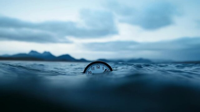 A watch floating in the ocean and sinking in surrounded by soft waves. The transience of time creative symbol concept.