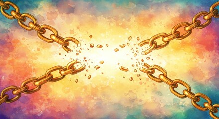 Broken chain illustration symbolizing freedom and liberation against a vibrant watercolor background representing hope and transformation