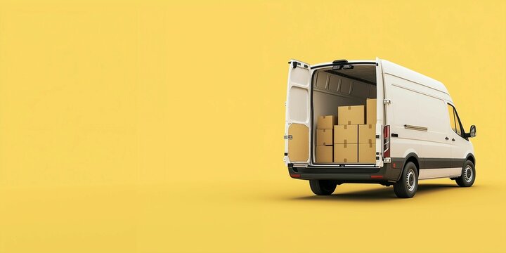 Delivery van with open doors,full of cardboard boxes,copy space,fast furniture movement,banner