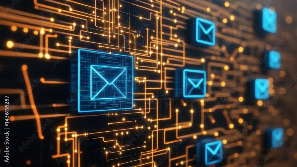 Poster futuristic digital background with glowing blue email icons and circuit patterns for modern technolo