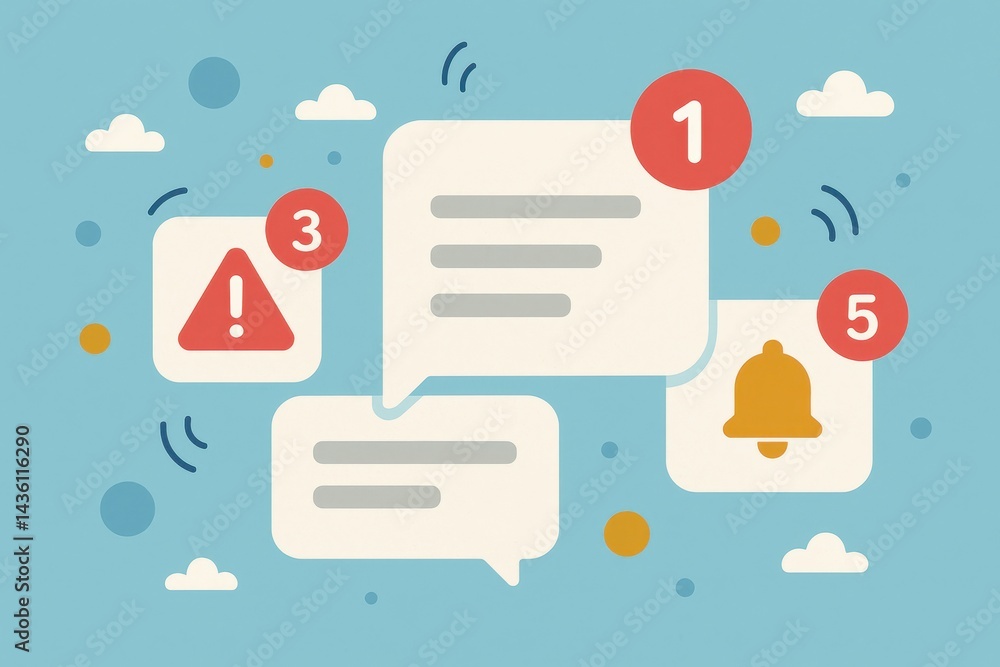 Poster colorful notification and alert icons with speech bubbles and clouds