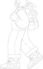 Outline drawing of an elderly man hiking with a dog in a backpack. Elderly hiker, outdoor adventure, traveling senior with pet. For coloring books, design templates, travel promotions.