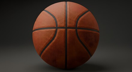 Close up of a single basketball with black lines on a grey surface in a studio setting view