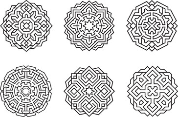 set of intricate fractal maze line art, black outline, vector and illustration, coloring book page line art drawing